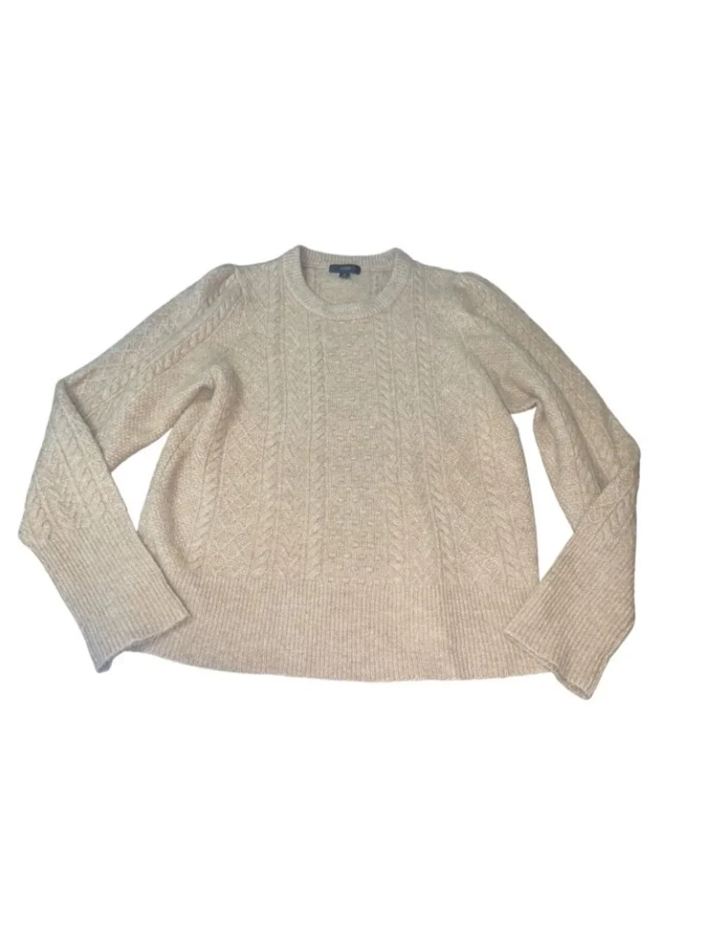 J CREW Women's Size Medium Stretch Wool-blend Cable-knit Crewneck Beige Sweater